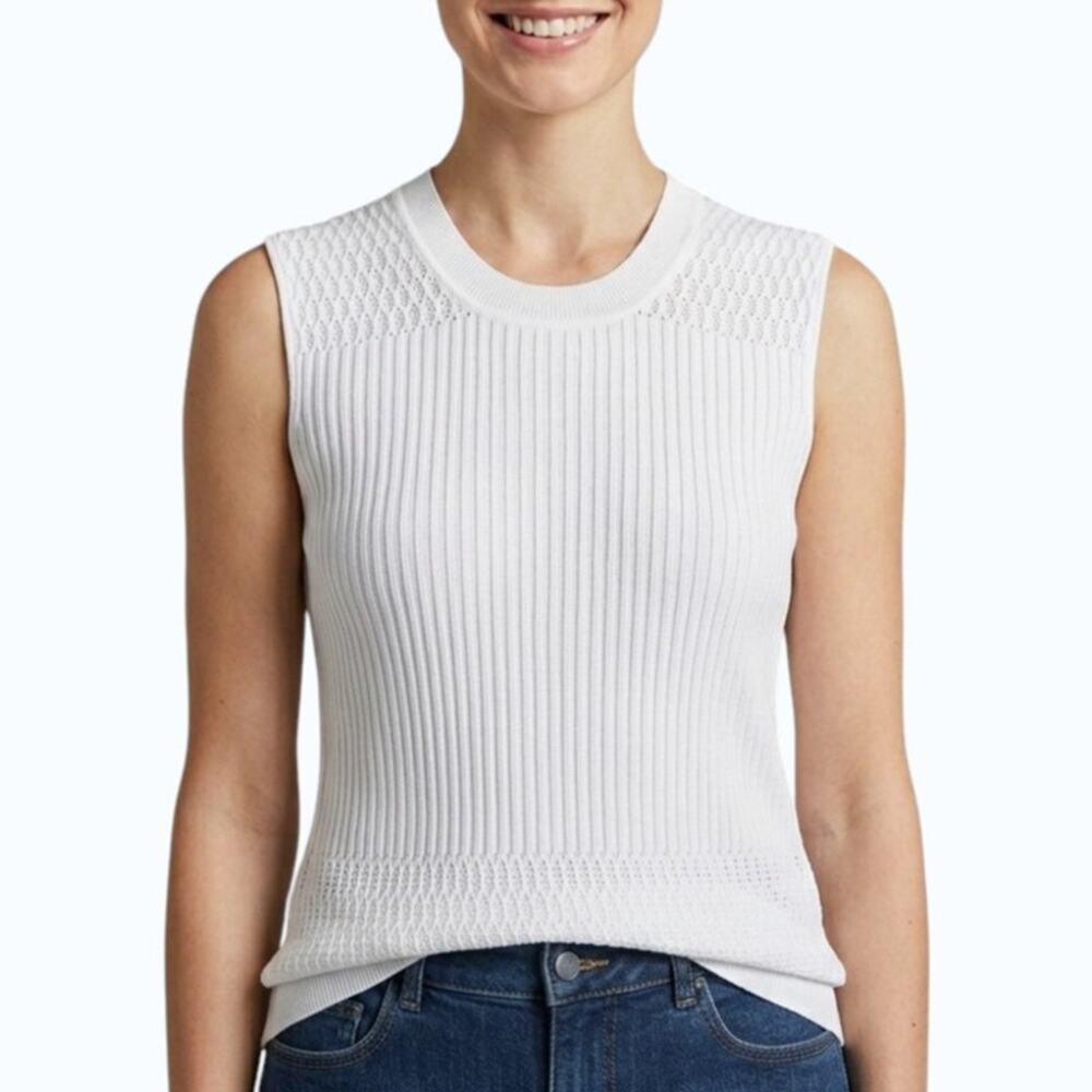 St John FLAWED Mixed Stitch Sleeveless Sweater White Knit Vest Women Medium NWOT